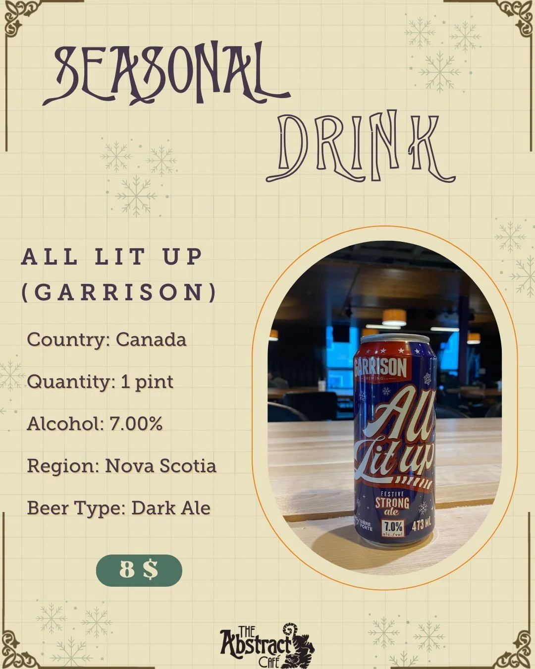 We&rsquo;re All Lit Up for the holidays! 

@garrisonbrewing seasonal brew is here, and it&rsquo;s naughty, nice, and spiced! Try it today at The Abstract!❄️🎄