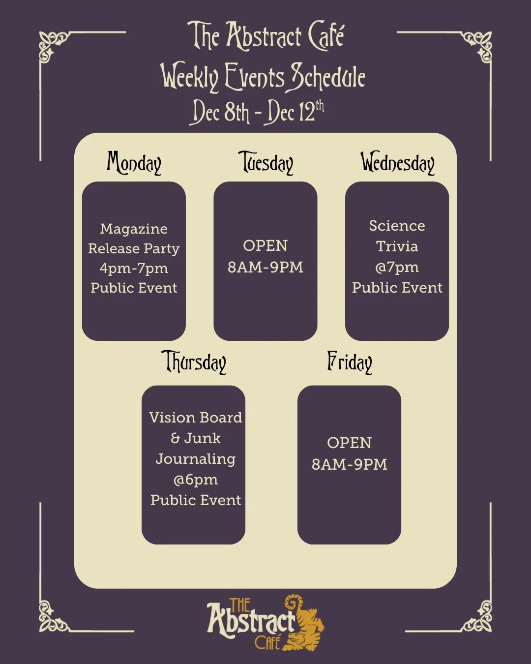 Check out what&rsquo;s going on at The Abstract this week! Hope to see you there!