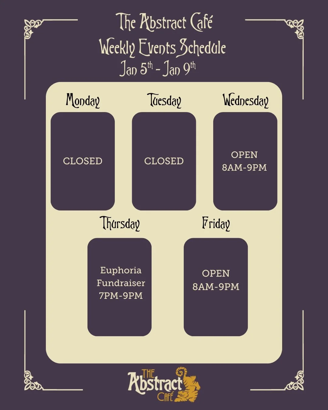 Welcome back! We hope the break was restful! Take a look at the upcoming events happening at The Abstract this week, we can&rsquo;t wait to welcome you back in!