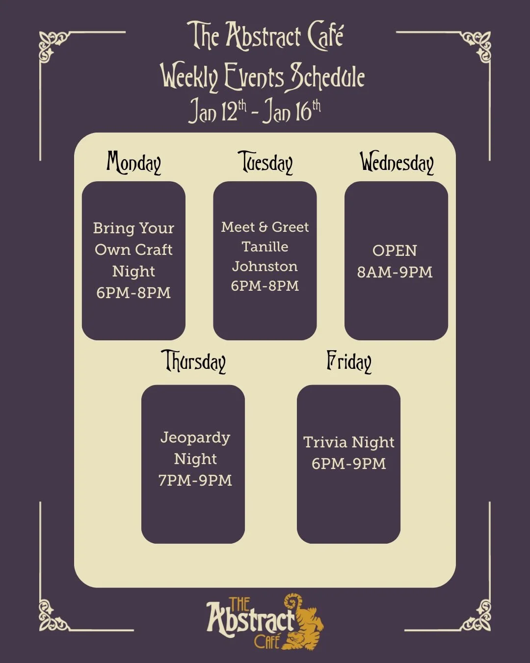 The Abstract has a packed week of exciting events! Swipe through to learn more! Hope to see you there!