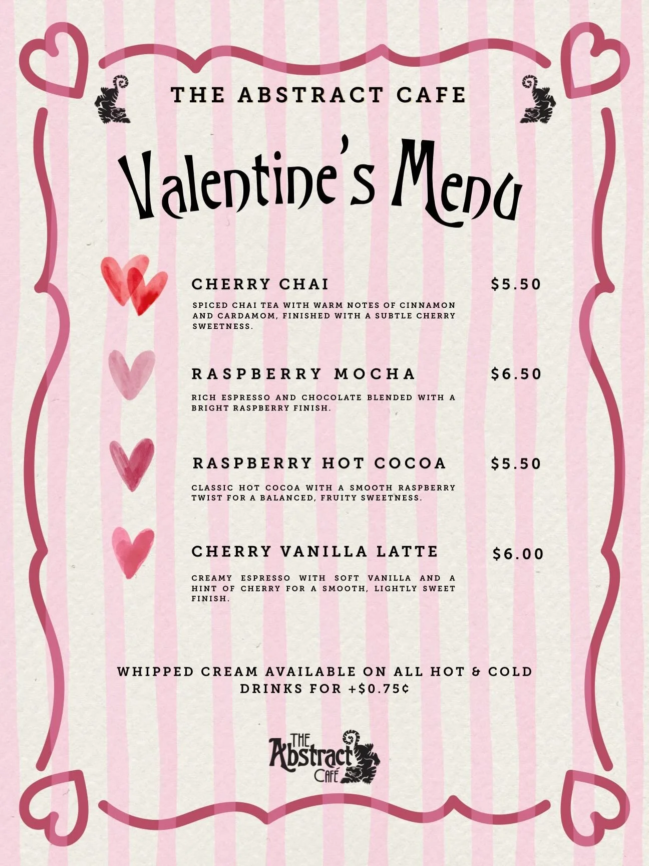 Love is in the air at The Abstract!❤️❤️Come by and try any of our Valentine&rsquo;s Day menu items!💗Limited time only, don&rsquo;t let these drinks be your missed connection💕