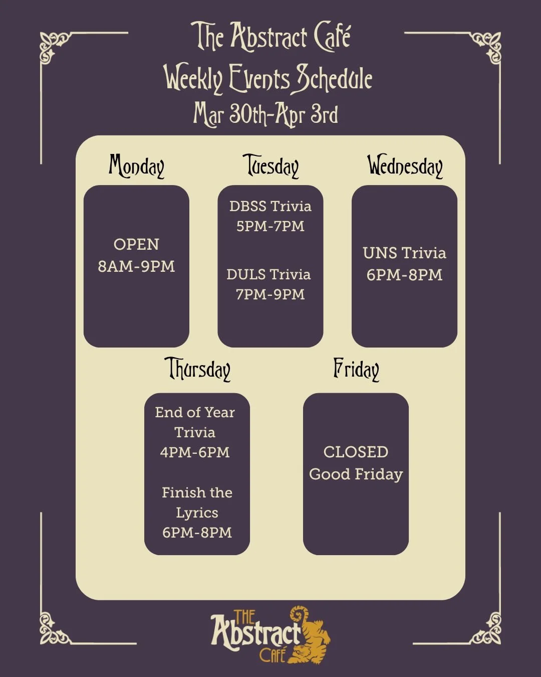 This week at The Abstract!

Reminder‼️ We are closed April 3rd for Good Friday!