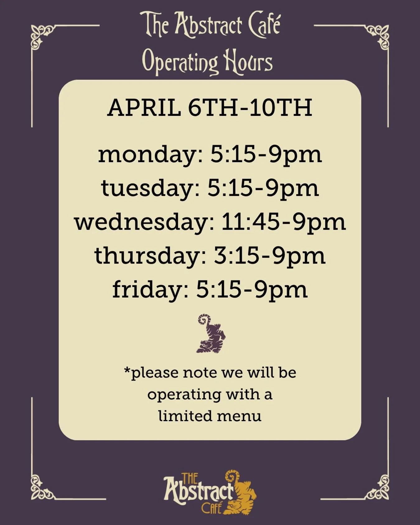 Our hours are a bit different this week! 

The Abstract Caf&eacute; will be closing April 10th the spring/summer season! 

We can&rsquo;t wait to welcome you in this week before we say bye, see you there!

With love,
The Abstract Caf&eacute; Team &lt