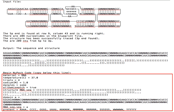 Figure 10 The text file after running it through the trace script. The red box highlights the output code that can be submitted to NUPACK, which then provides the RNA sequence.