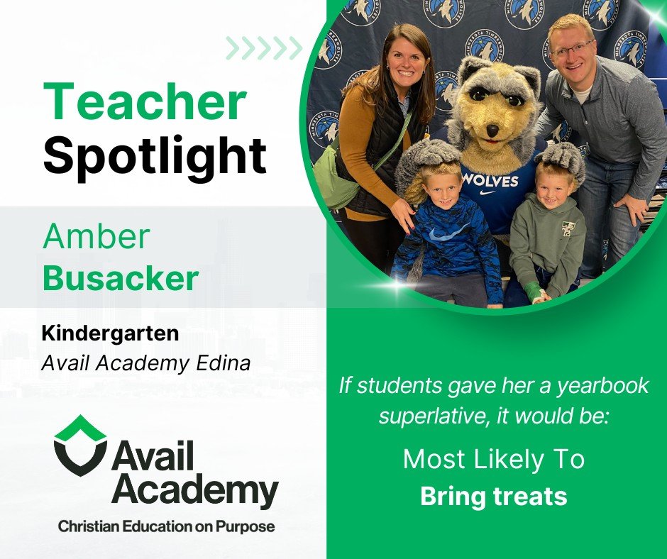 🌟 Teacher Spotlight: Amber Busacker 🌟
👩&zwj;🏫 Role: Kindergarten Teacher (Edina Campus)
🎓 Education: B.A. in Elementary Education; M.A. in K&ndash;12 Literacy Education
📅 Years at Avail: 16 years! (Has taught K, 4th, subbed across grade levels,