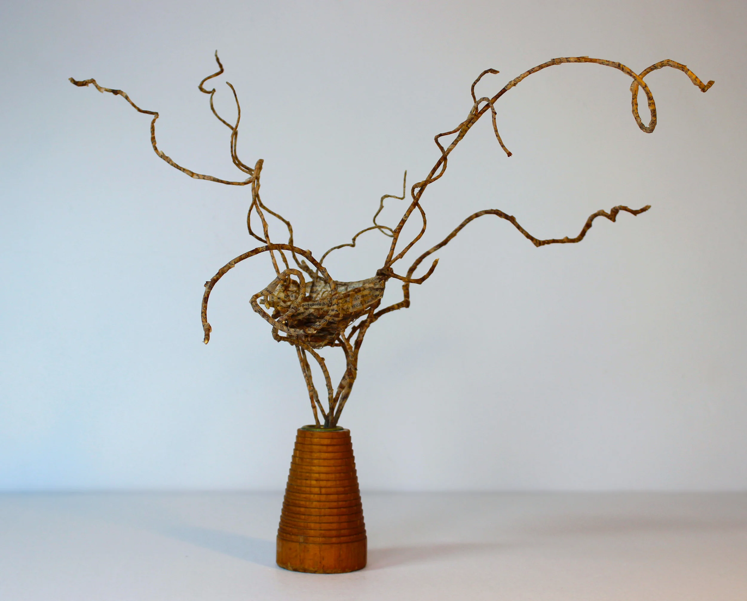 Nest VII - Journal Nest: Vintage bobbin, found sticks, used tea bags. (16" tall)