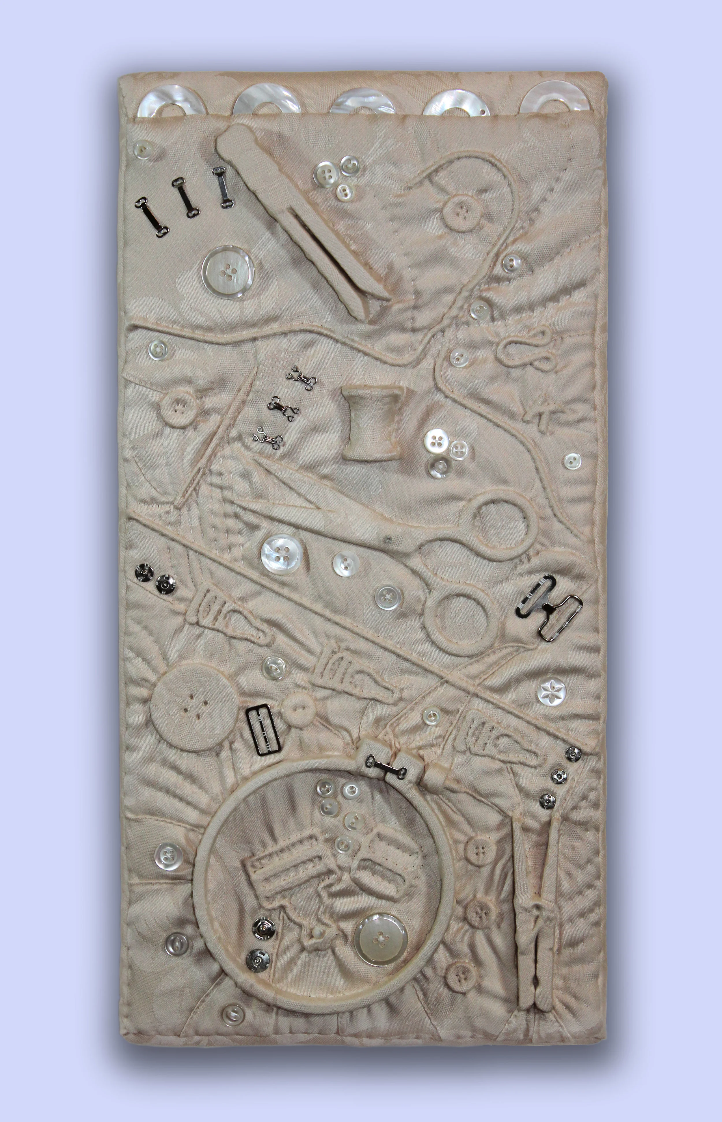 Hidden in Plain Sight: Foam core, damask, found objects. Hand-quilted. (7" x 14")