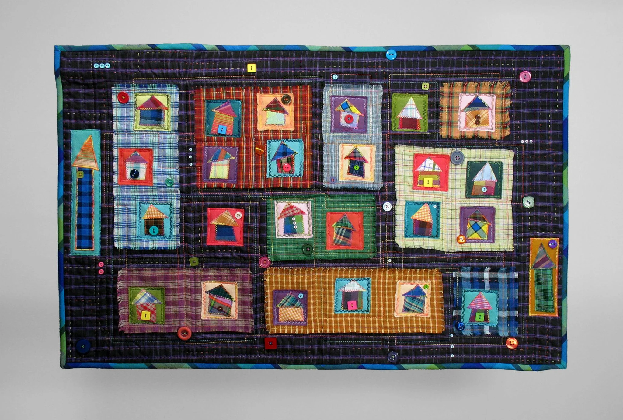 Wonky Plaid Neighborhood: Embroidery thread, buttons. Machine appliqued & quilted. (28"x 14")