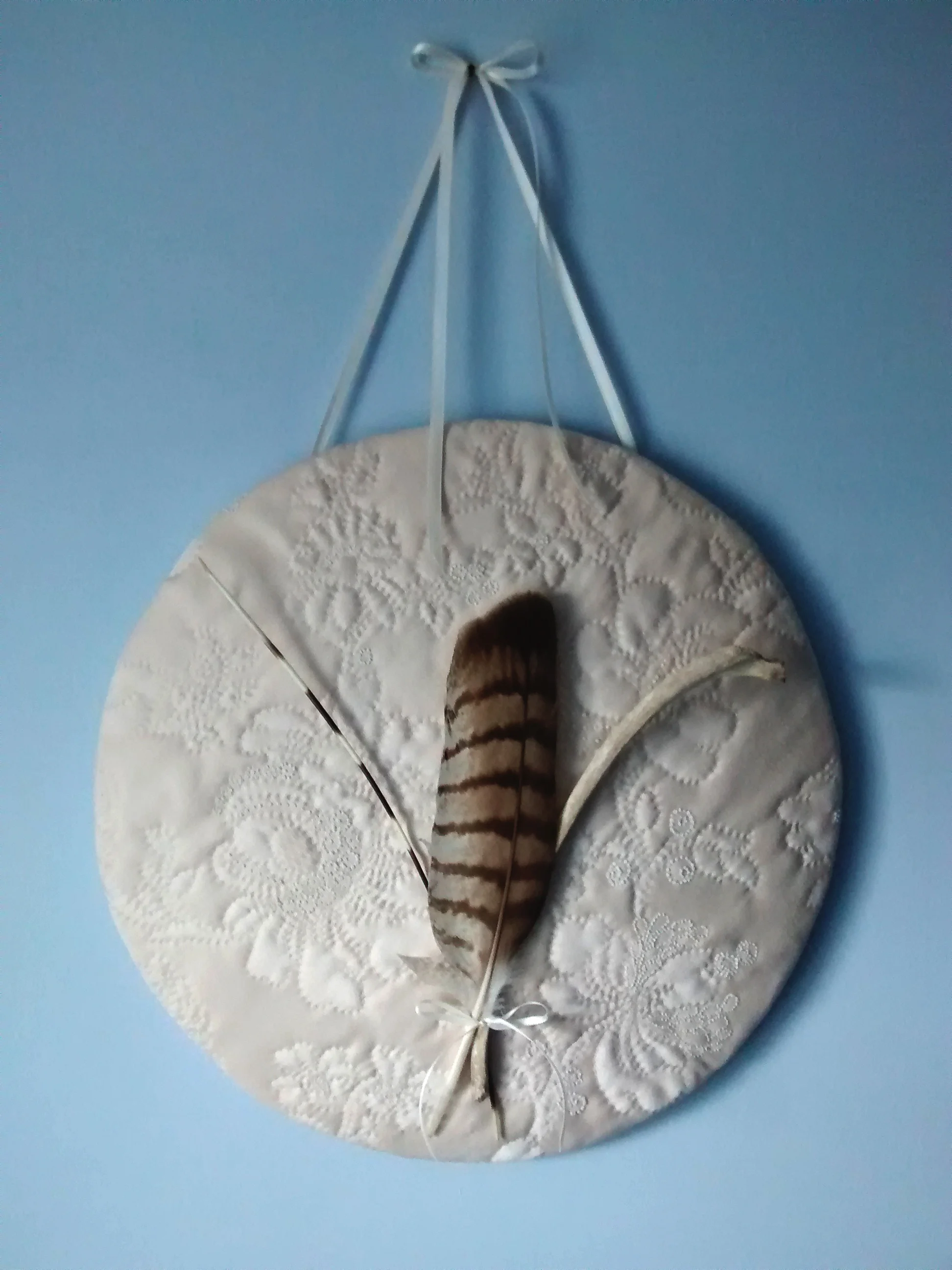 Fight-Flight-Freeze: Foam core, cotton batting, damask, hawk feather, deer bone, porcupine quill, silk ribbon. Hand embroidered. (14.5" diameter)