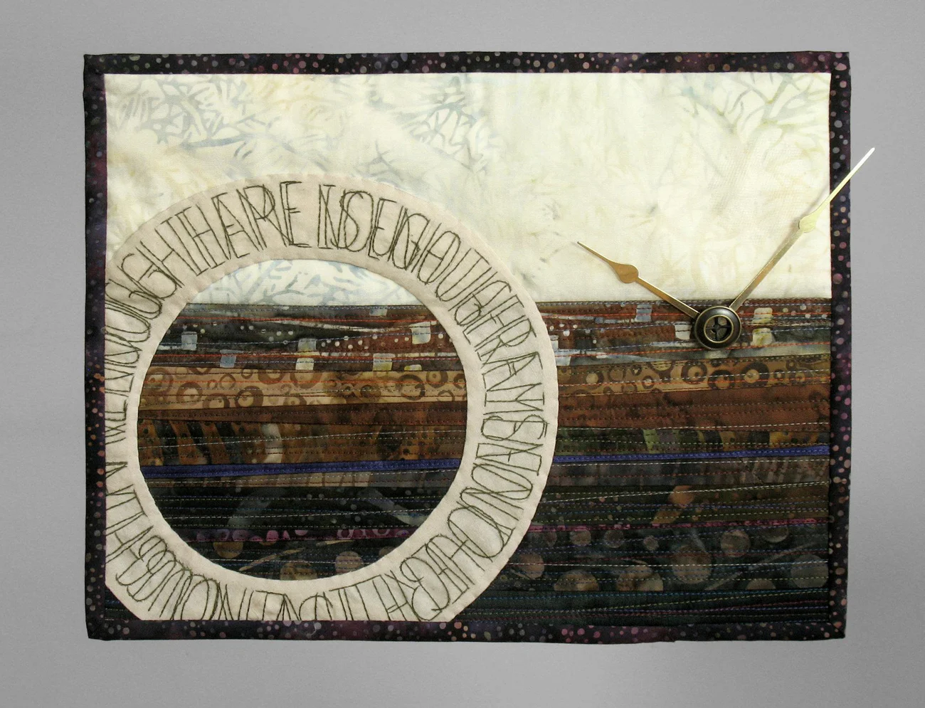 Journal Quilt - Nov. 2011: Watch hands, embroidery thread. Machine pieced, hand embroidered, machine quilted. (11" x 9")