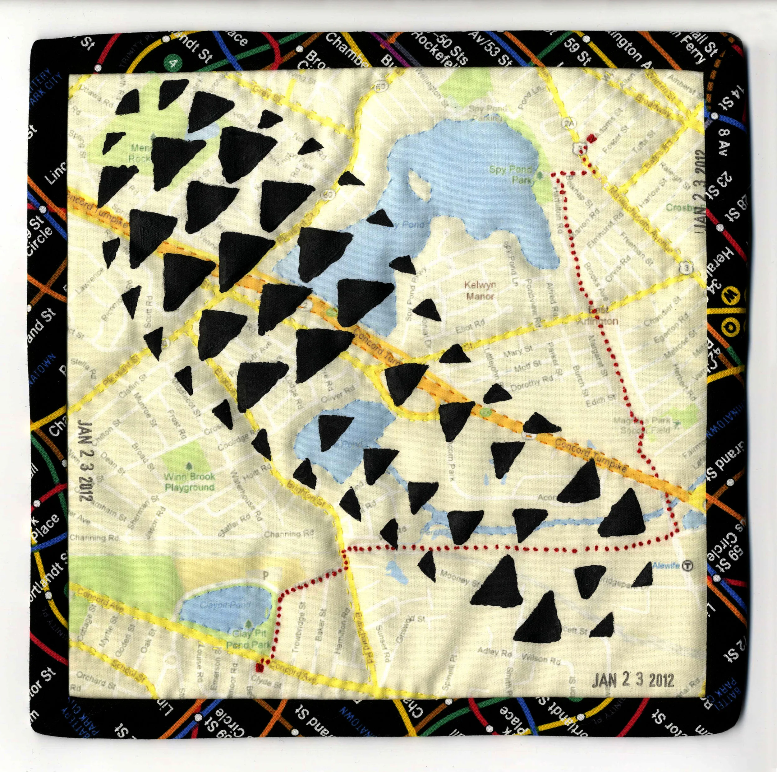 Journal Quilt - Jan. 2012: Photo transfer of map, sneaker print with paint. Hand quilted. (8.5" x 8.5")