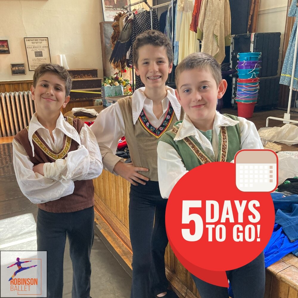 5 days to showtime! 

This group of dancers love to perform together and bring a boisterous spirit to the stage. You'll see them perform together in 'The Little Tailor' this weekend at The Gracie. Come and cheer them on!

https://www.robinsonballet.o