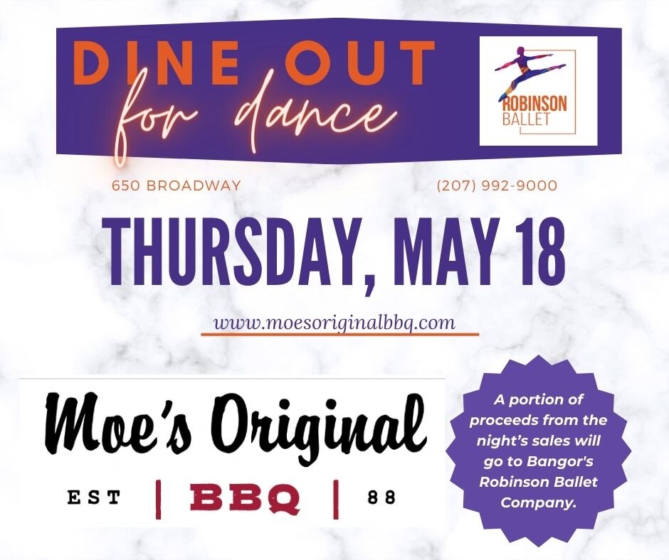 Robinson Ballet is partnering with Moe's Original BBQ in a fundraiser to support our mission of offering dance education to all ages and aspirations, as well as to engage our local community through dance. A portion of the proceeds from the day's sal
