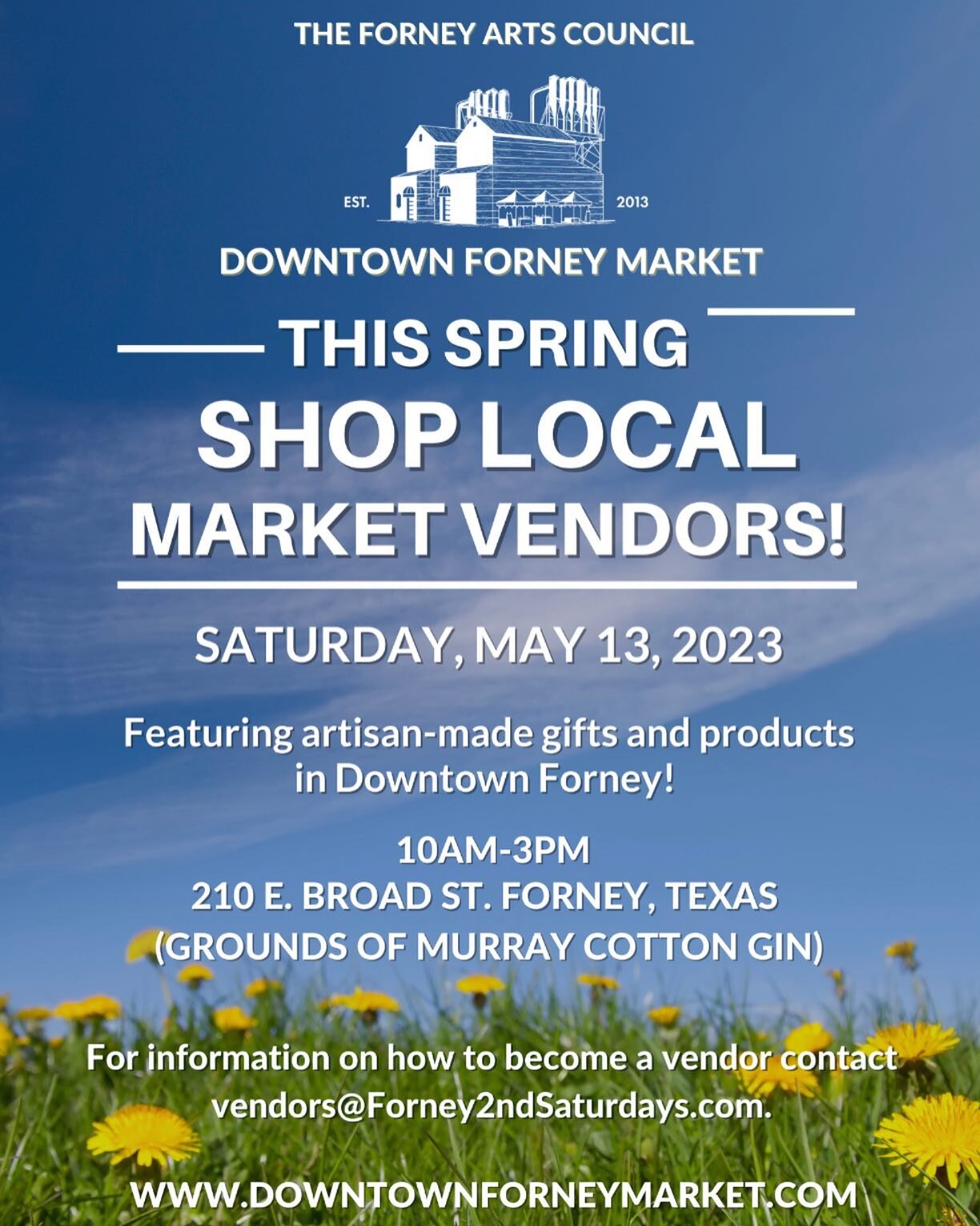 We can&rsquo;t wait for the Downtown Forney Market (@forneymarket) on Saturday, May 13th! Shop 45+ vendors selling artisan made gifts and products! Find us on the grounds of the Historic Cotton Gin in Downtown Forney from 10am-3pm at 210 E. Broad St.