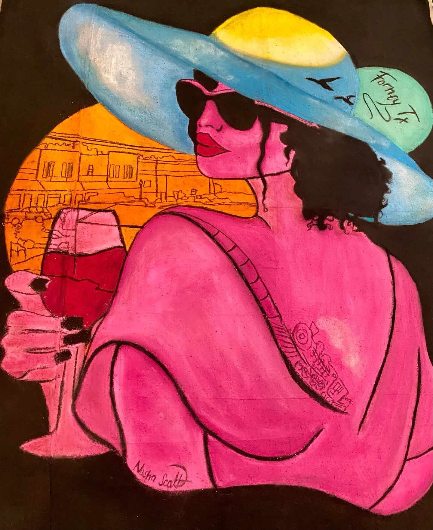 Check out the completed artwork by chalk artist Nasha Scott! Although The Forney Wine &amp; Arts was cancelled because of weather, Nasha and her family had driven 4 hours to participate! So we improvised and set up on the floor of our soon to be open