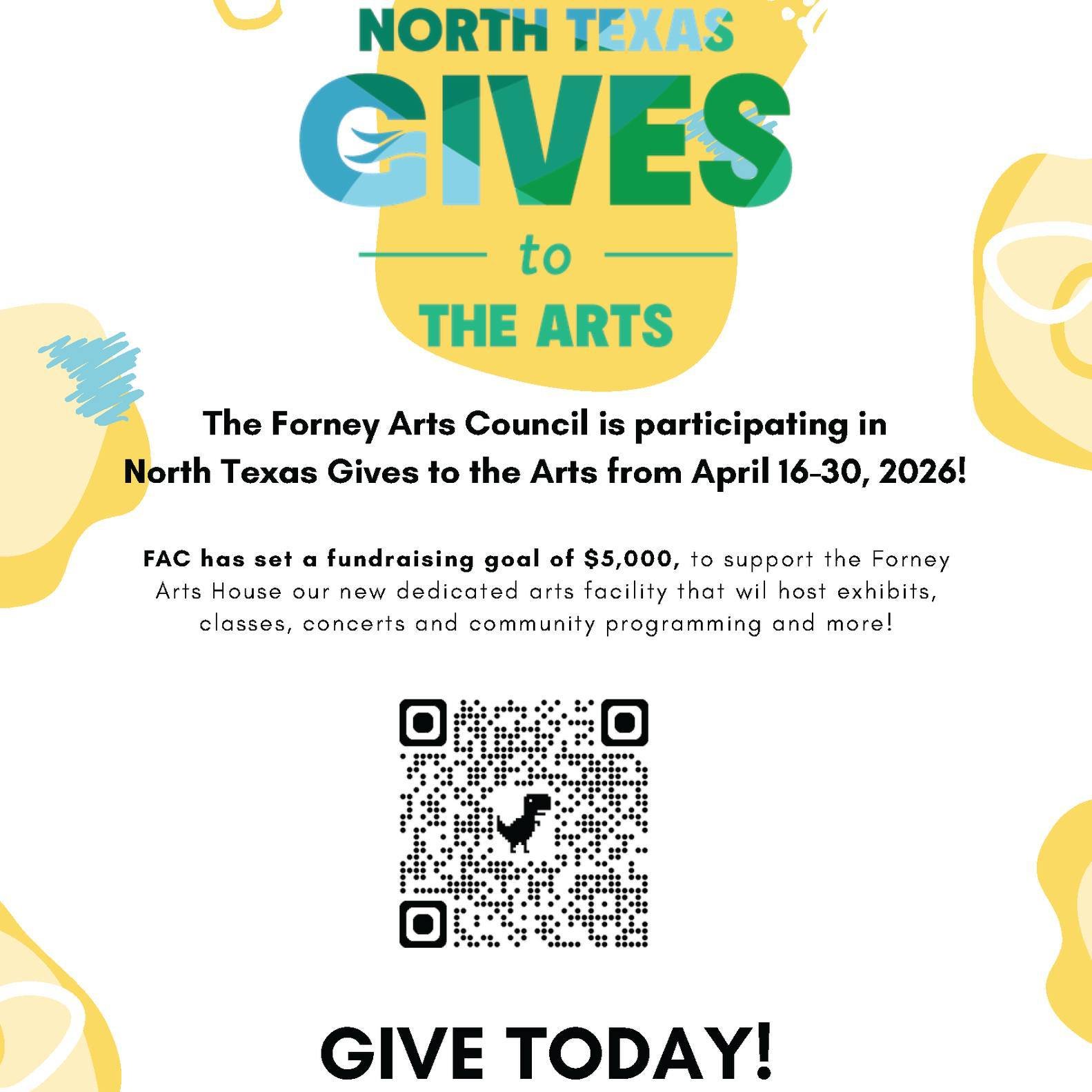 The Forney Arts Council is participating in North Texas Gives to the Arts from April 16-30, 2026! FAC has set a fundraising goal of $5,000, to support The Forney Arts House, our new dedicated arts facility that will host exhibits, classes, concerts, 