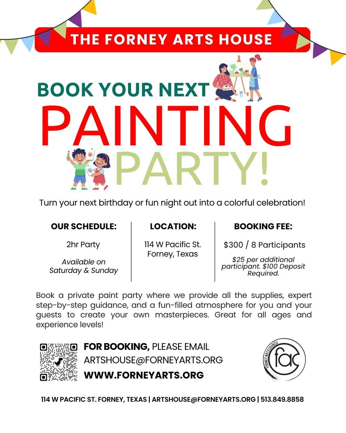 The Forney Art House is a great place to host a private Painting Party! The Forney Arts Council will help with all the details that are noted in our flyer and on our website: https://tinyurl.com/ForneyPaintingParties #ForneyArts #paintingparties #FAC