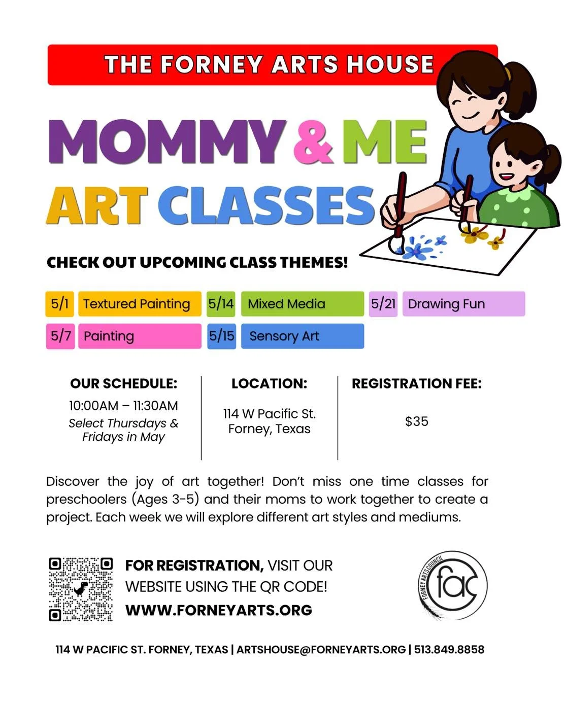 The Forney Arts House is hosting Mommy &amp; Me classes for preschoolers (age 3-5) starting May 1st. Scan the QR code in the flyer or click the link to learn more and sign up: https://tinyurl.com/ForneyMommyandMe
#mommyandme #ForneyArts #forneyartsco