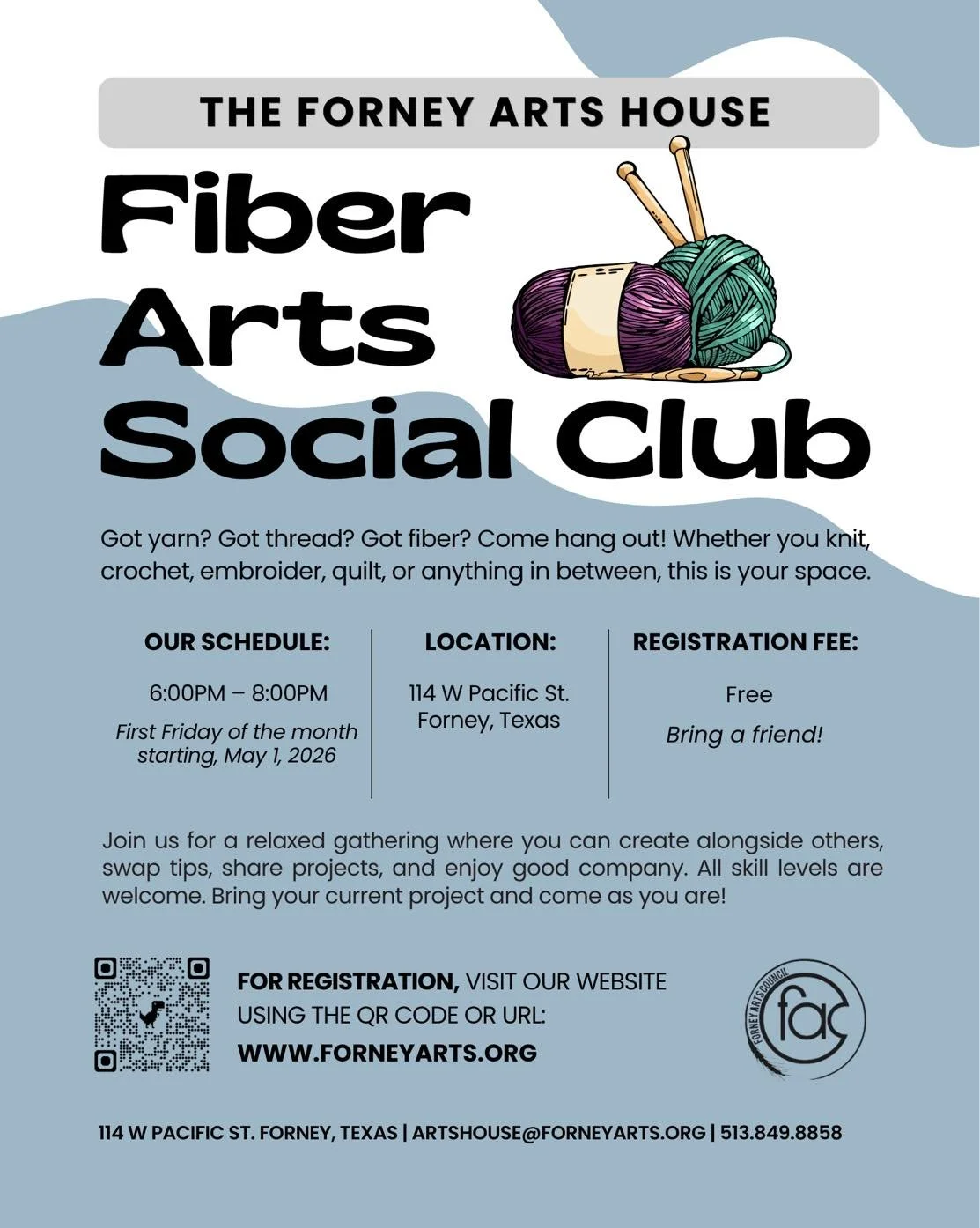 Sign up and bring your current fiber arts project - crochet or knit, sewing or quilting, embroidery or cross stitching - for a relaxed evening with friends! Get the details and reserve your spot via the QR code below or this link: https://tinyurl.com