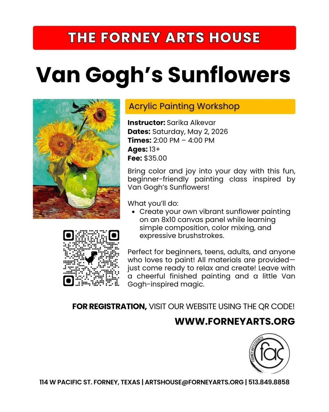 Bring color &amp; joy into your day with this beginner-friendly class on 5/2/26! Use the QR code below or this link to learn more about the class and apply: https://tinyurl.com/Sunflowers0502 #ForneyArts #theforneyartshouse #FAC
