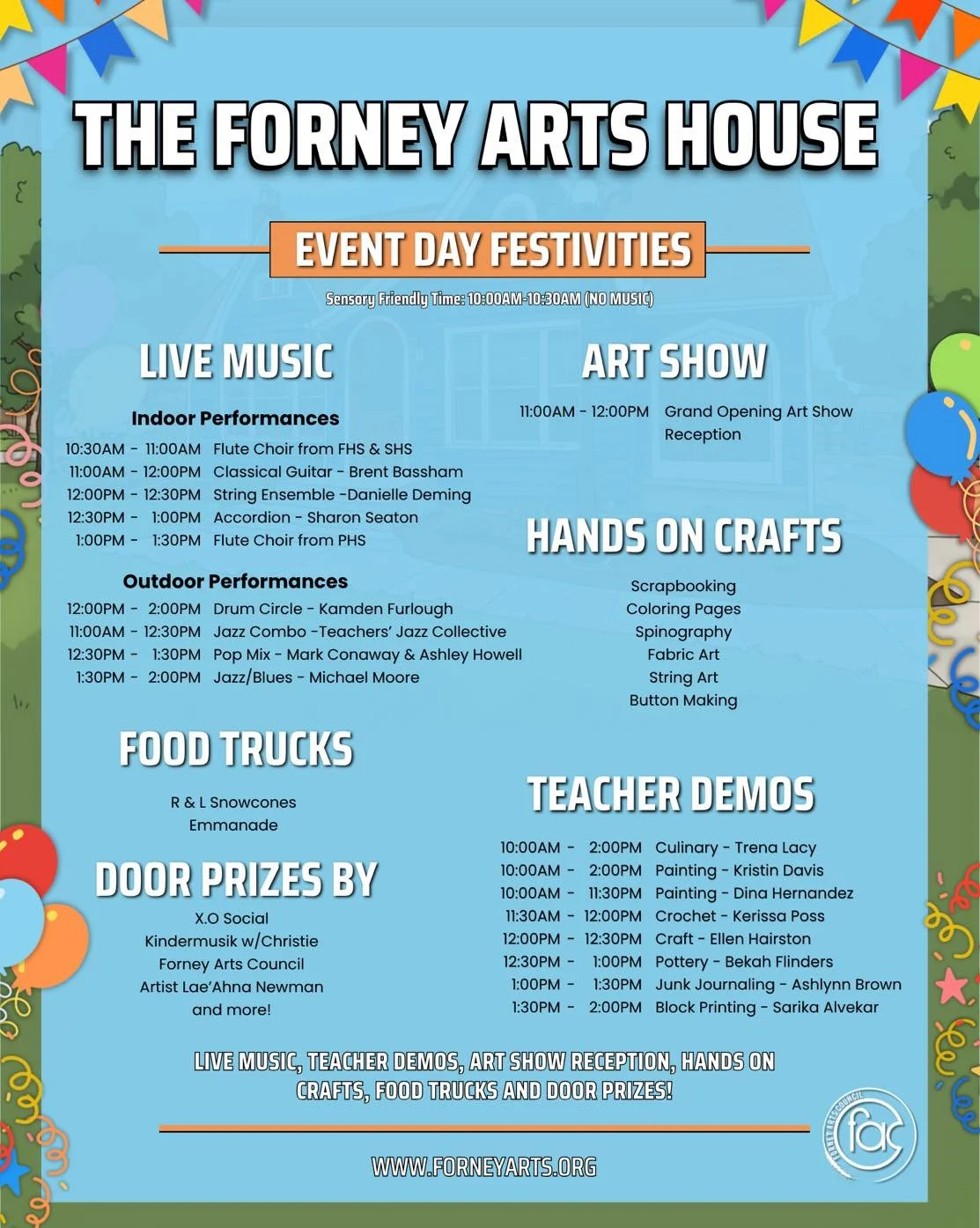 The Forney Arts Council will be celebrating the Grand Opening of The Forney Arts House this Saturday, 5/23/26, from 10am-2pm. Our address is 114 W Pacific St, Forney.

Check out all the activities and music and fun we have planned, so you can pick yo