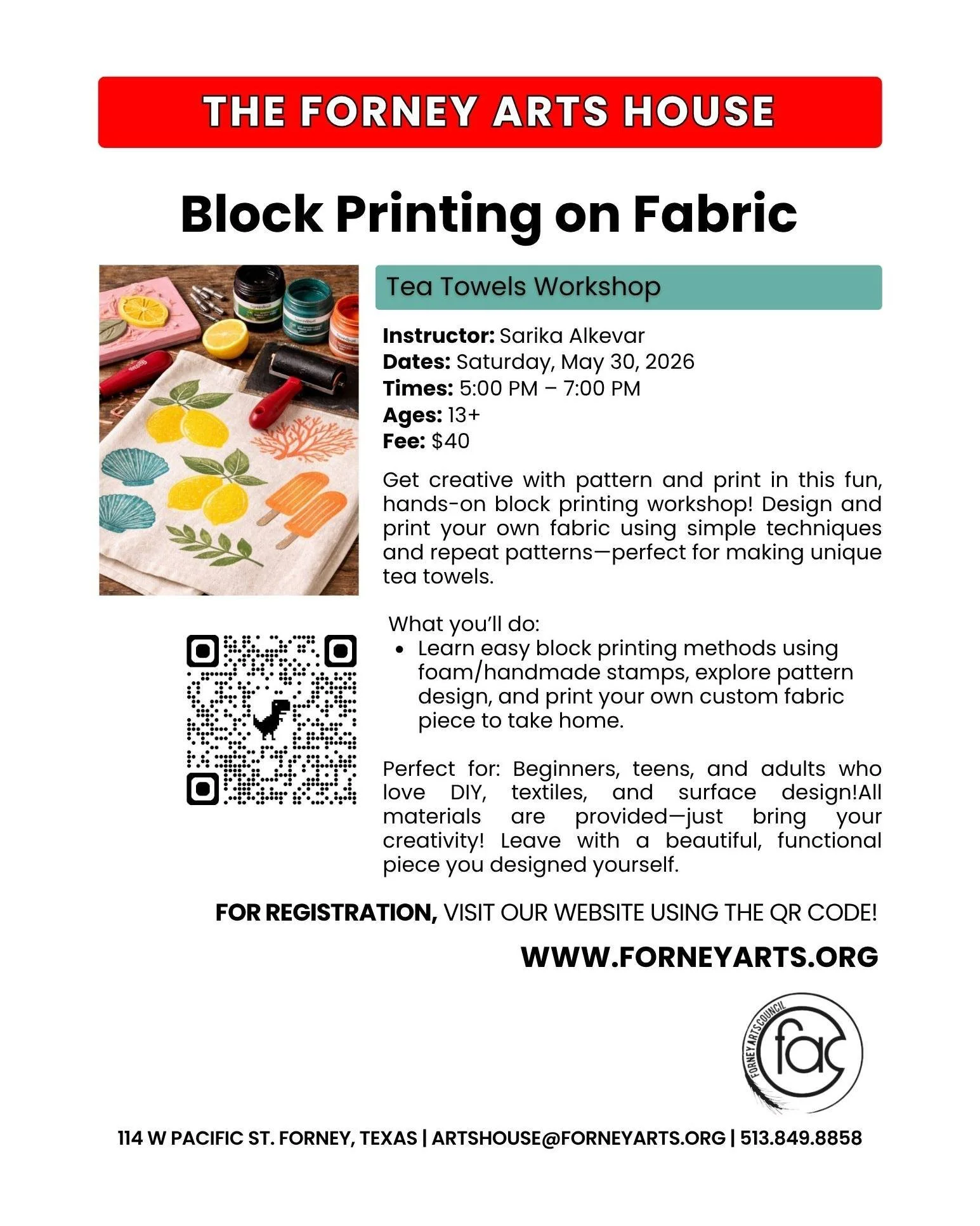 There are a few more days to sign up for this fun class where you can design &amp; create your own tea towel to display or give as a gift. Deadline: Thursday, 5/28 @ 11pm. #ForneyArts #creativeclasses #theforneyartshouse 

https://forneyarts.getcommu