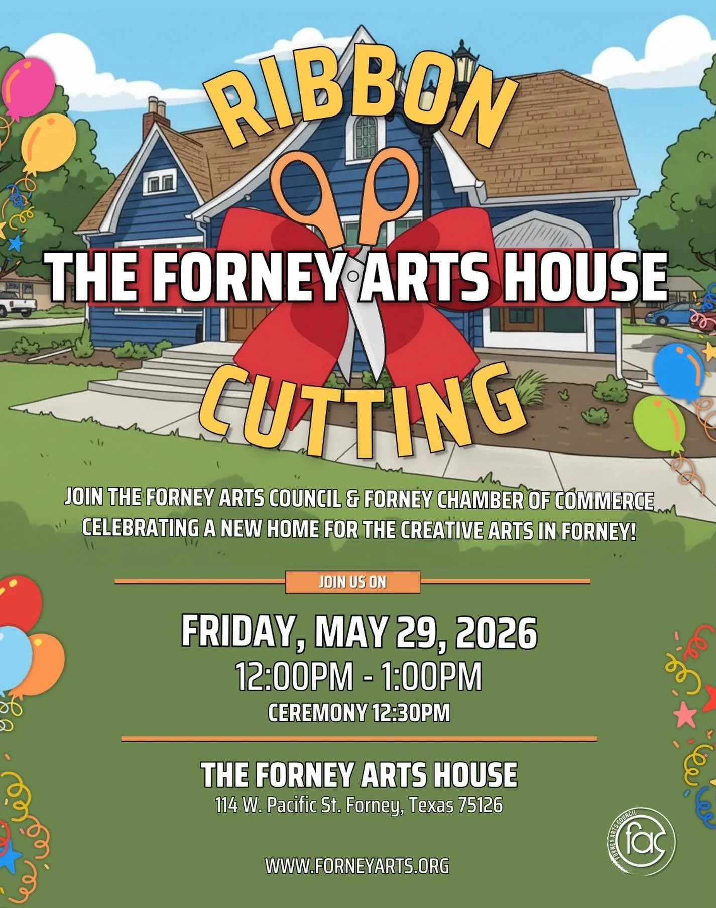 Join us and the Forney Chamber of Commerce for the Ribbon Cutting of The Forney Arts House today Friday, May 29th from 12pm-1pm! The ceremony will be held at 12:30pm! #forneyarts #forneytx #ribboncuttingceremony✂️ #ribboncuttingcelebration✂️