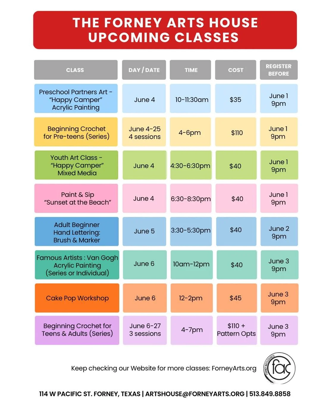 Forney Arts Classes for this week! All the classes will be held at The Forney Arts House, 114 W Pacific, Forney.

The dates and times are listed as well as the deadline for registration - note that some of those deadlines are coming up quick! #creati