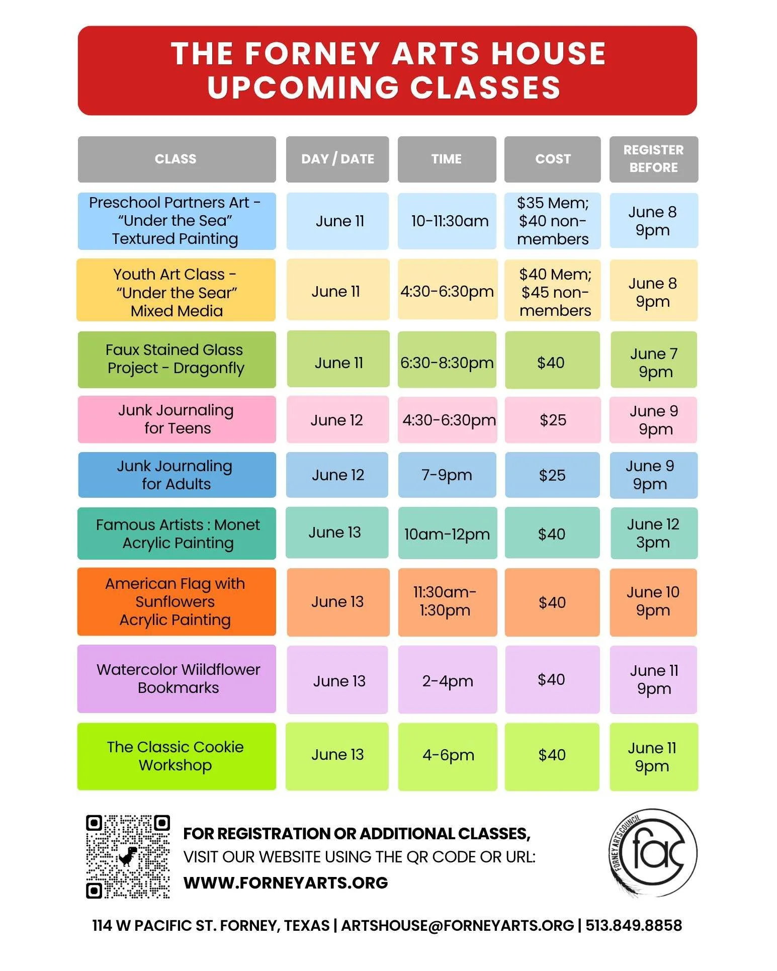 Here's a list of classes for next week (starting 6/11). We know you're probably thinking, "how many ways can I be creative?" and there are great choices!
 #TheForneyArtsHouse #CreativeArts #ForneyArts