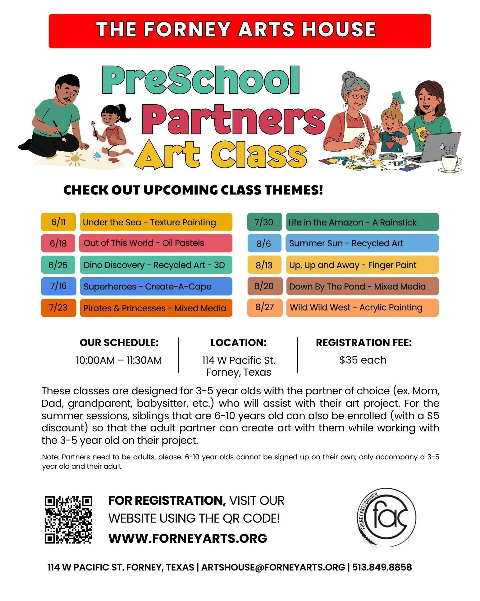 We've made two changes to our 3-5 year old "Mommy &amp; Me" summer classes:
- For the summer sessions below, you can also enroll your 6-10 year old to join the fun with you and your preschooler! 🥳
- The adult includes moms, dads, grandpare