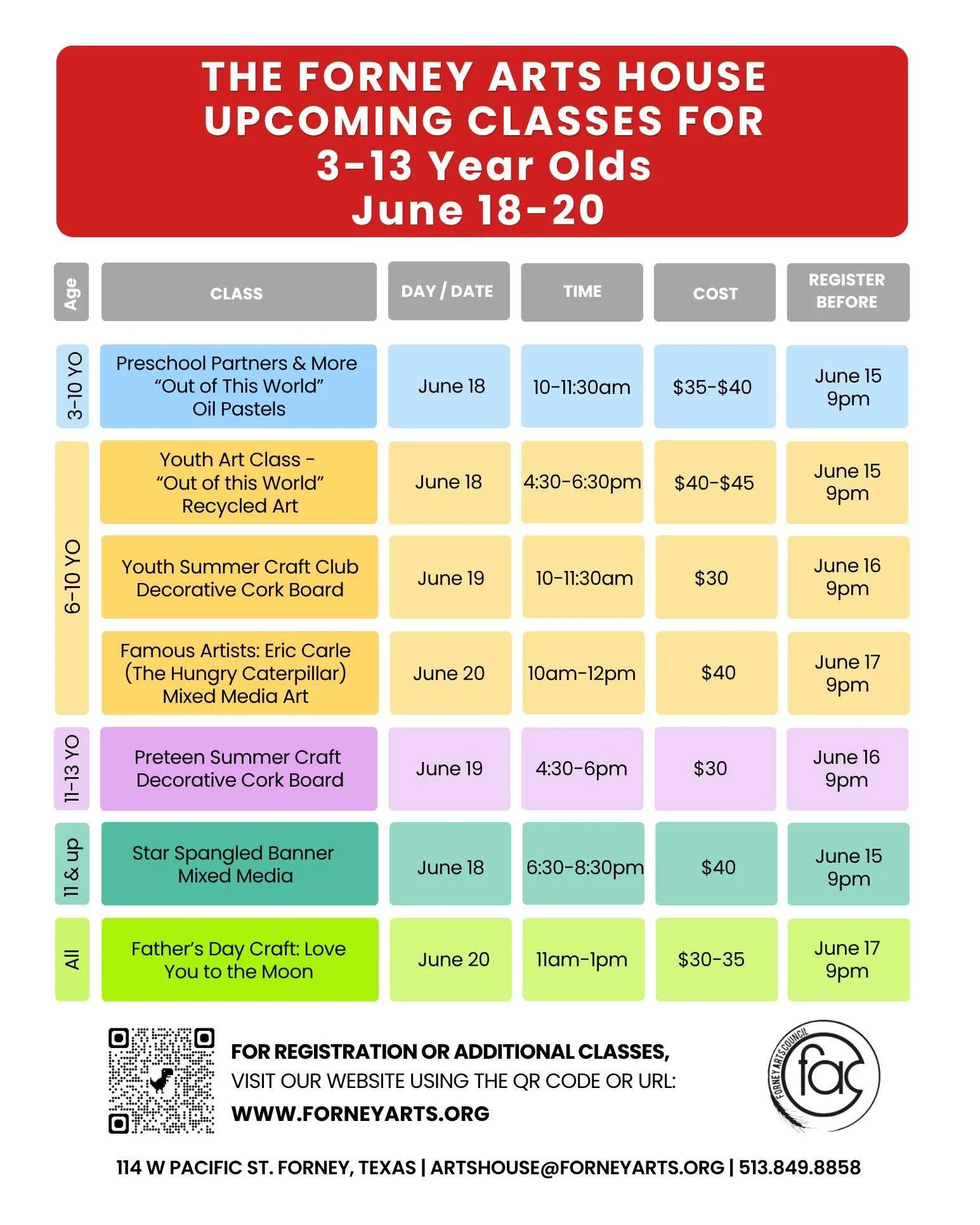 Here's your creative class planner for next week! Book early and often! #theforneyartshouse #creativearts #artistlife #fac