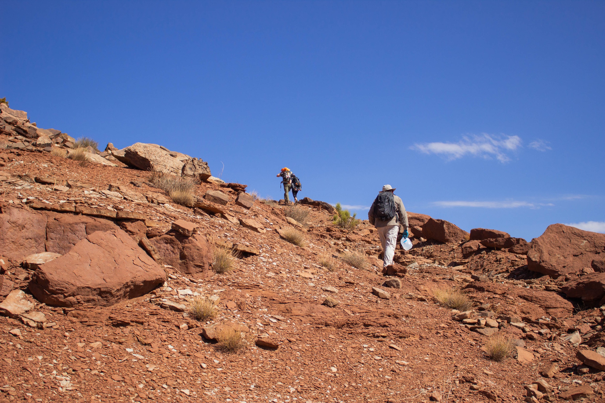 three people hike up a steep incline during a bright sunny day