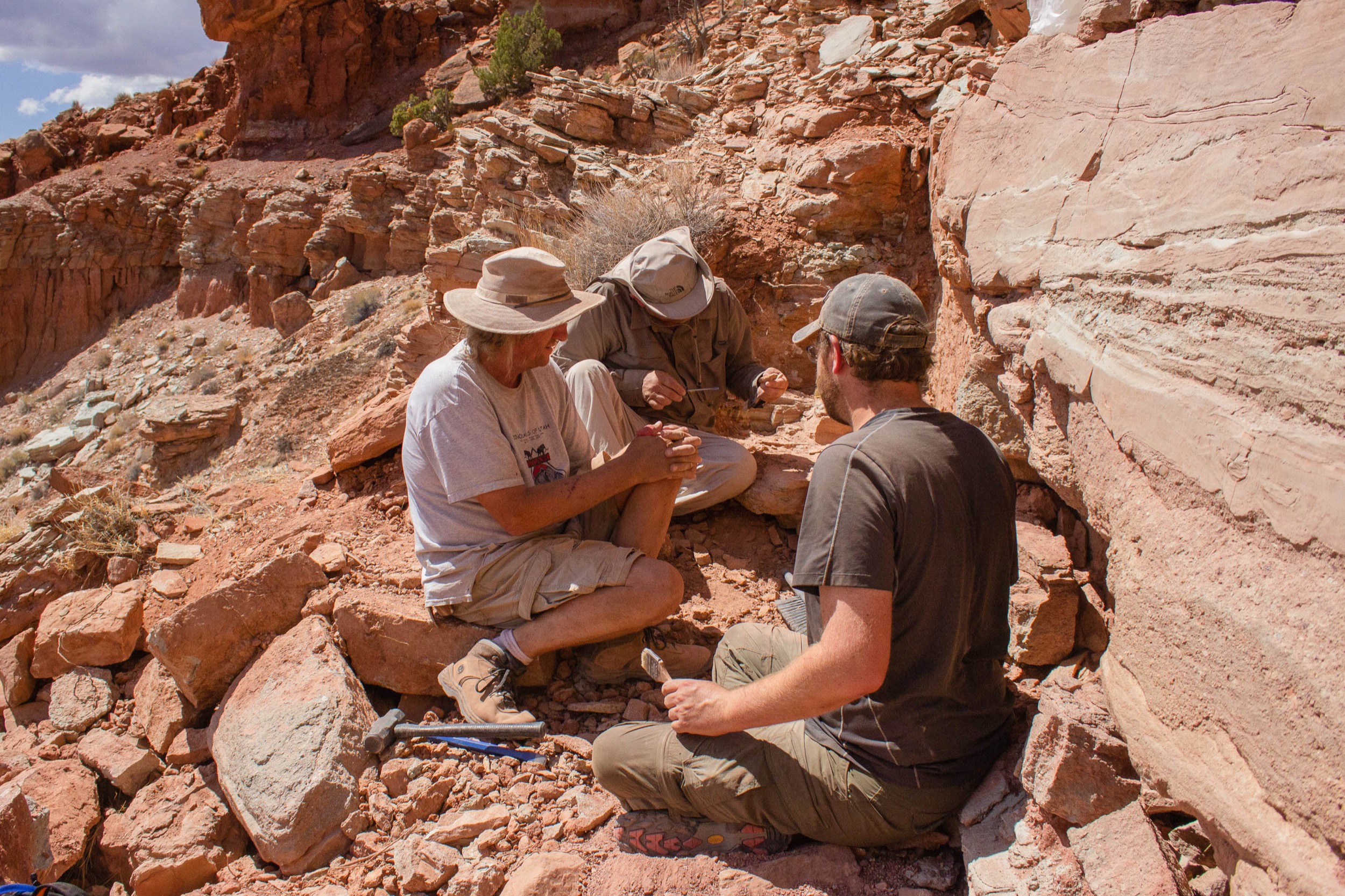 three men huddle around a piece of rock with hand tools, excavating a fossil out in the desert