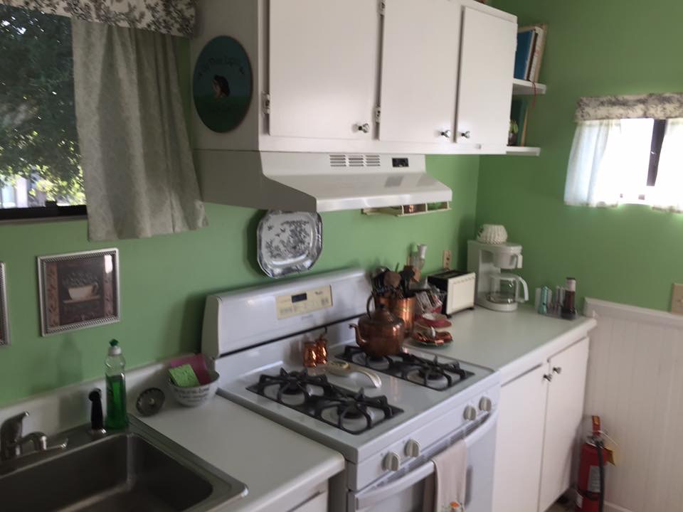 Cottage Kitchen stove, microwave and sink area