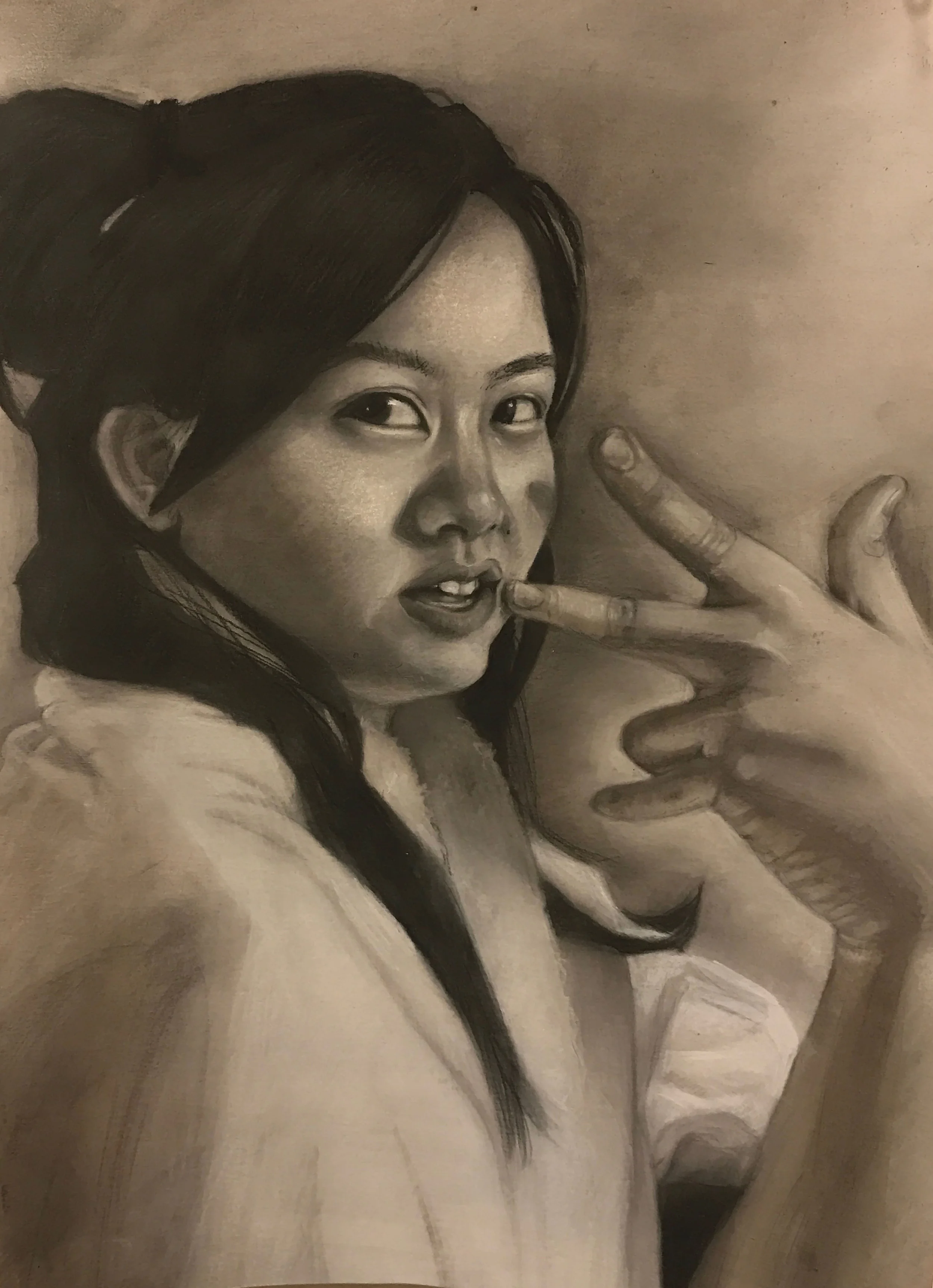  Charcoal pencil drawing on paper. 