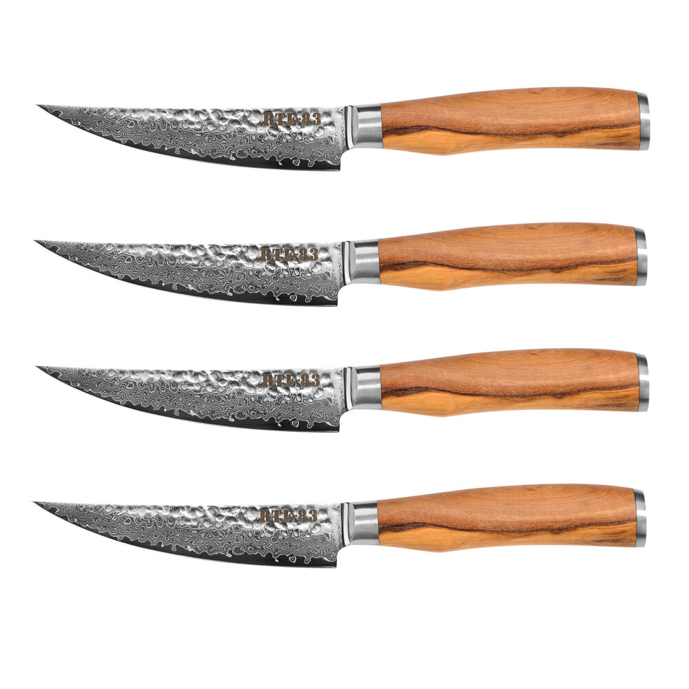 4 Pieces Steak Knife Set, Japanese Damascus Steel, Olive Wood Handle