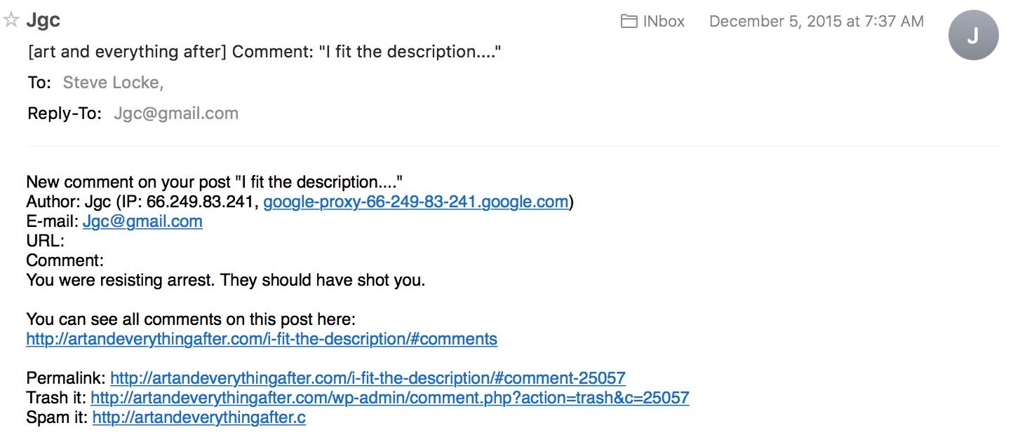A message a received from Jgc. This is one of the nicer ones.