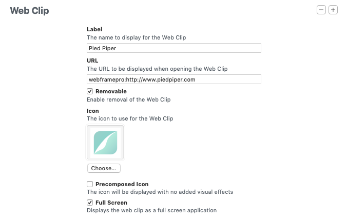 Example WebClip created in Apple Configurator