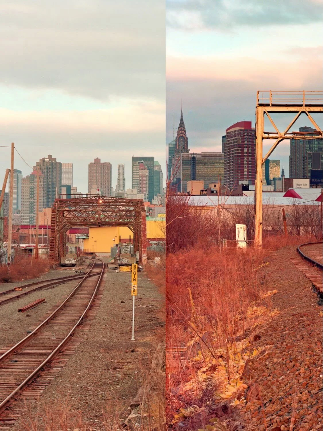 MANHATTAN, As seen from Blissville, New York, 2011 for &ldquo;National Skyscraper Day&rdquo; a diptych of two 4x5&rdquo; frames exposed in slightly shifting morning light.