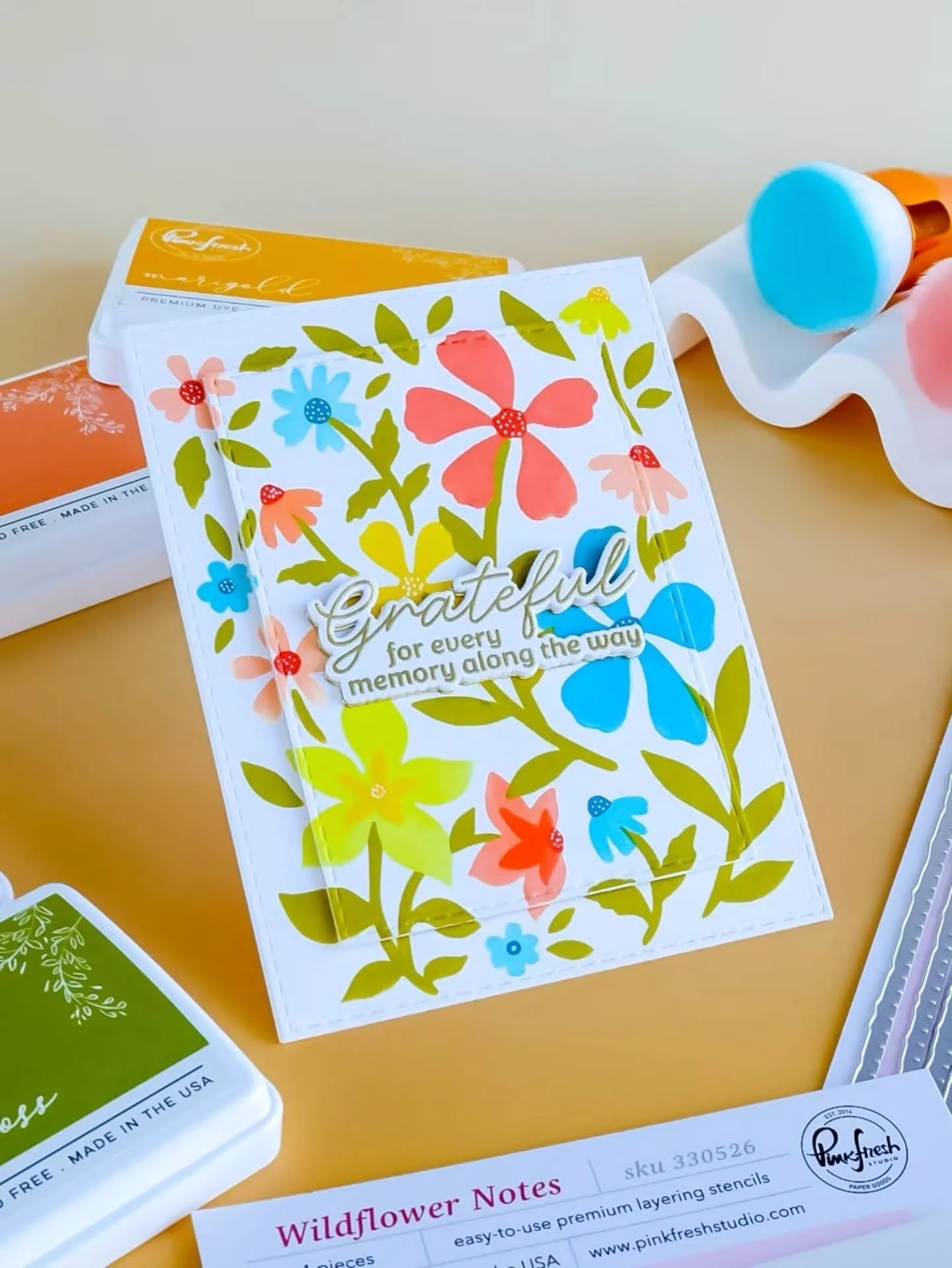 Good morning, crafters! 🌸✨

The stunning new Quiet Moments release is officially live at @pinkfreshstudio and...I am absolutely thrilled to share this "Thank You" floral handmade card featuring the brand new Wildflower Notes stencil.
​The 