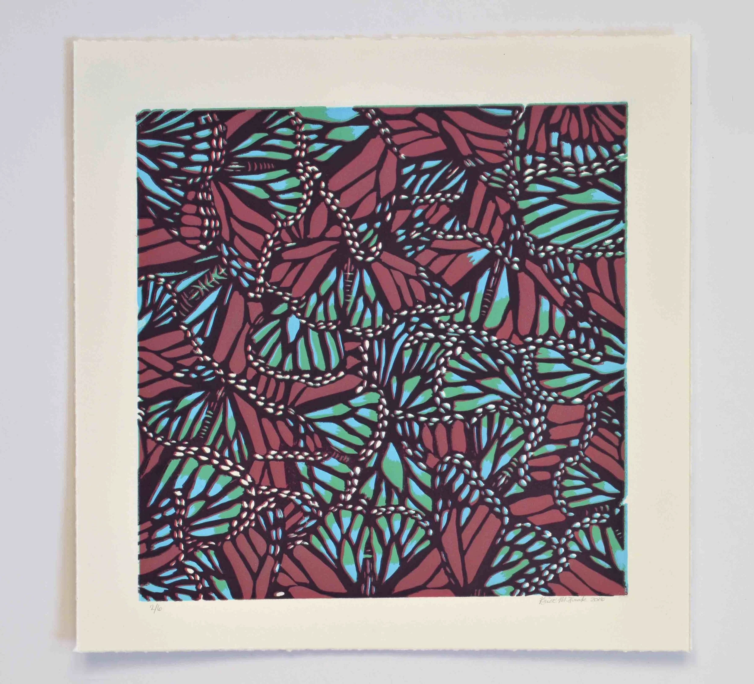 Relief print titled "Monarch Collage No.2" by Kristin Frank. This print features monarch butterfly wings.