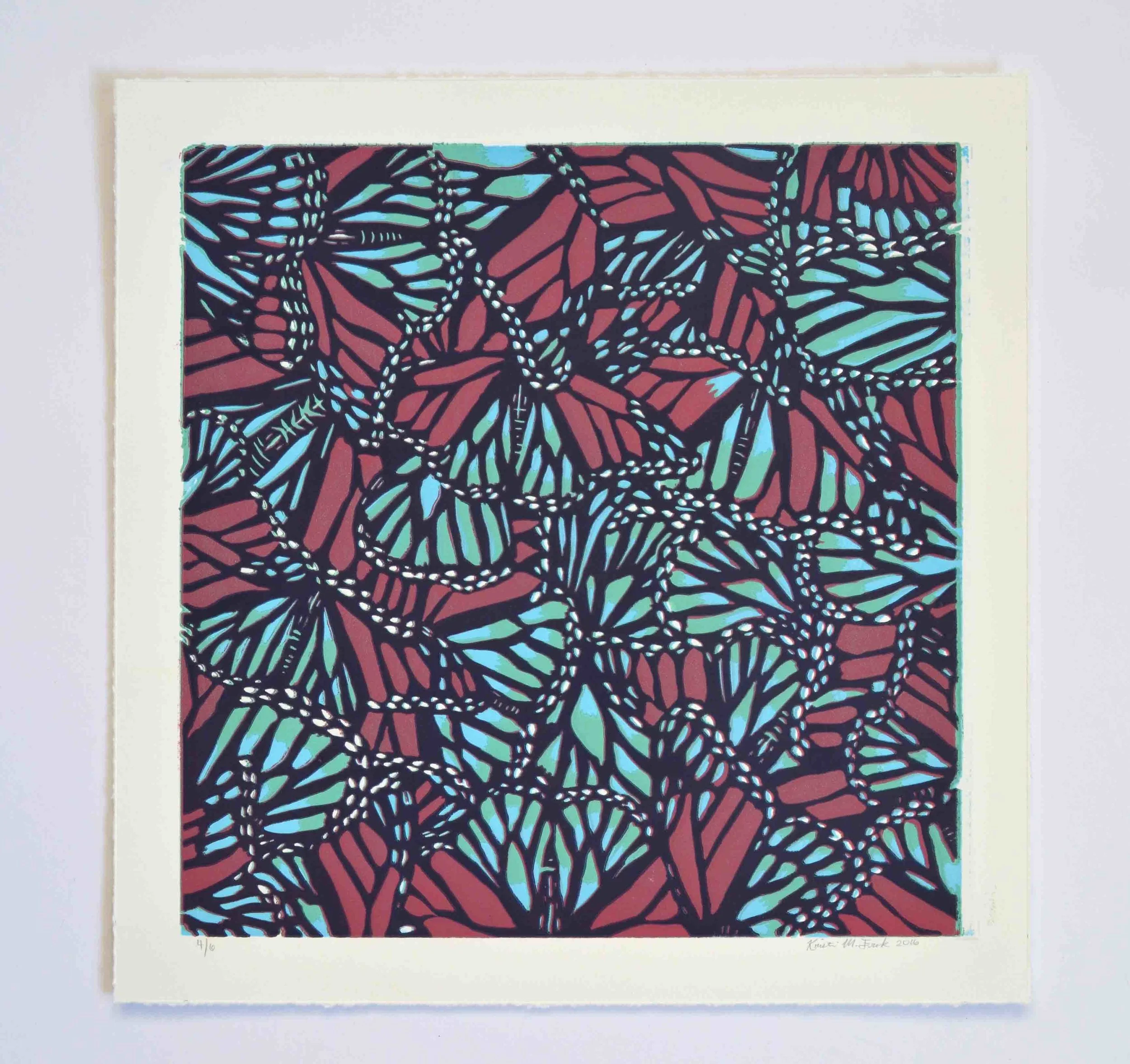 Relief print titled "Monarch Collage No.2" by Kristin Frank. This print features monarch butterfly wings.