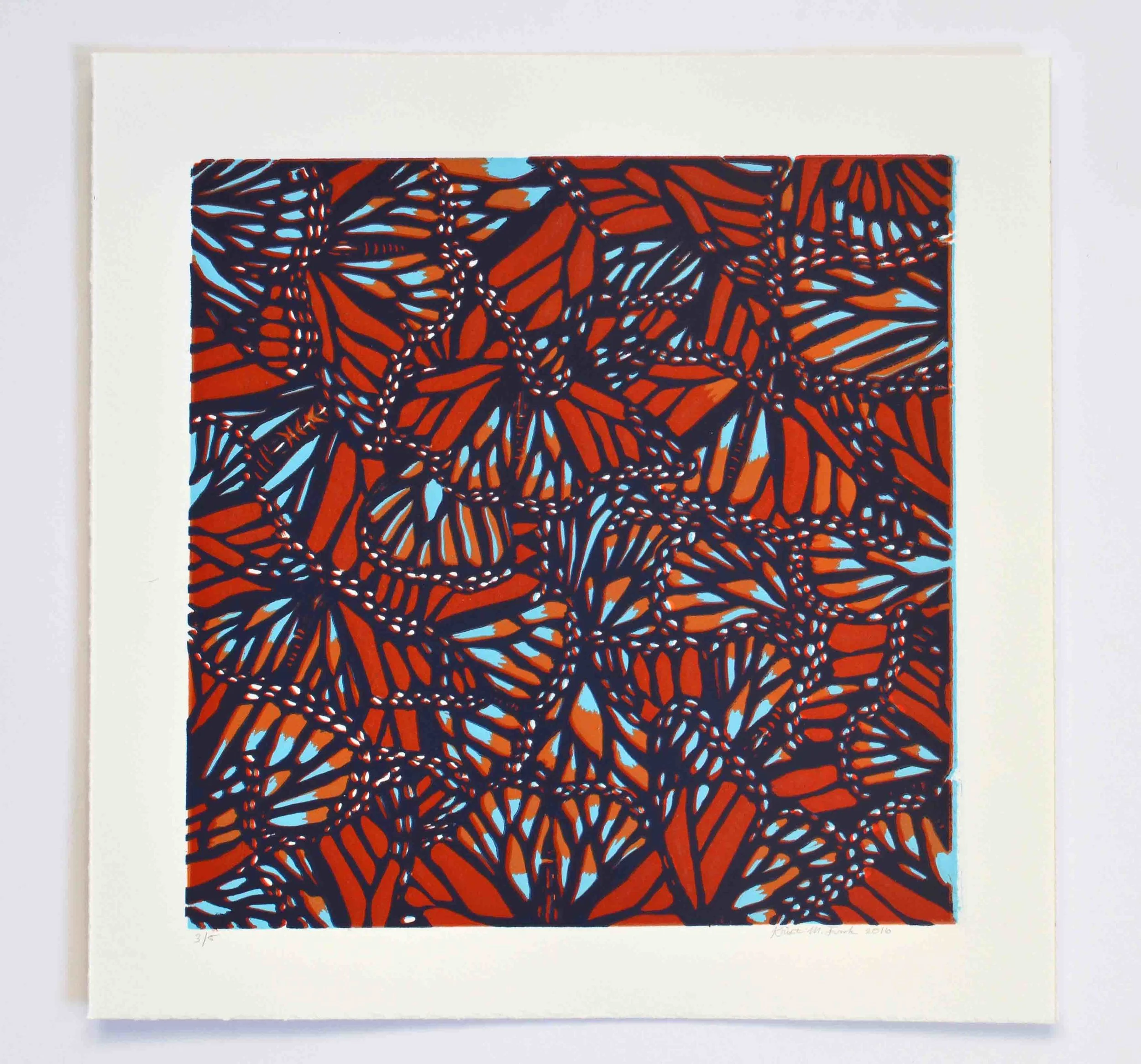Relief print titled "Monarch Collage No.2" by Kristin Frank. This print features monarch butterfly wings.
