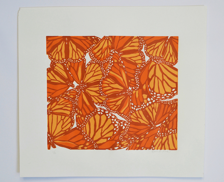 Original relief print of monarch butterfly wings. It is titled "Monarch Collage No.1" This is the three color version.