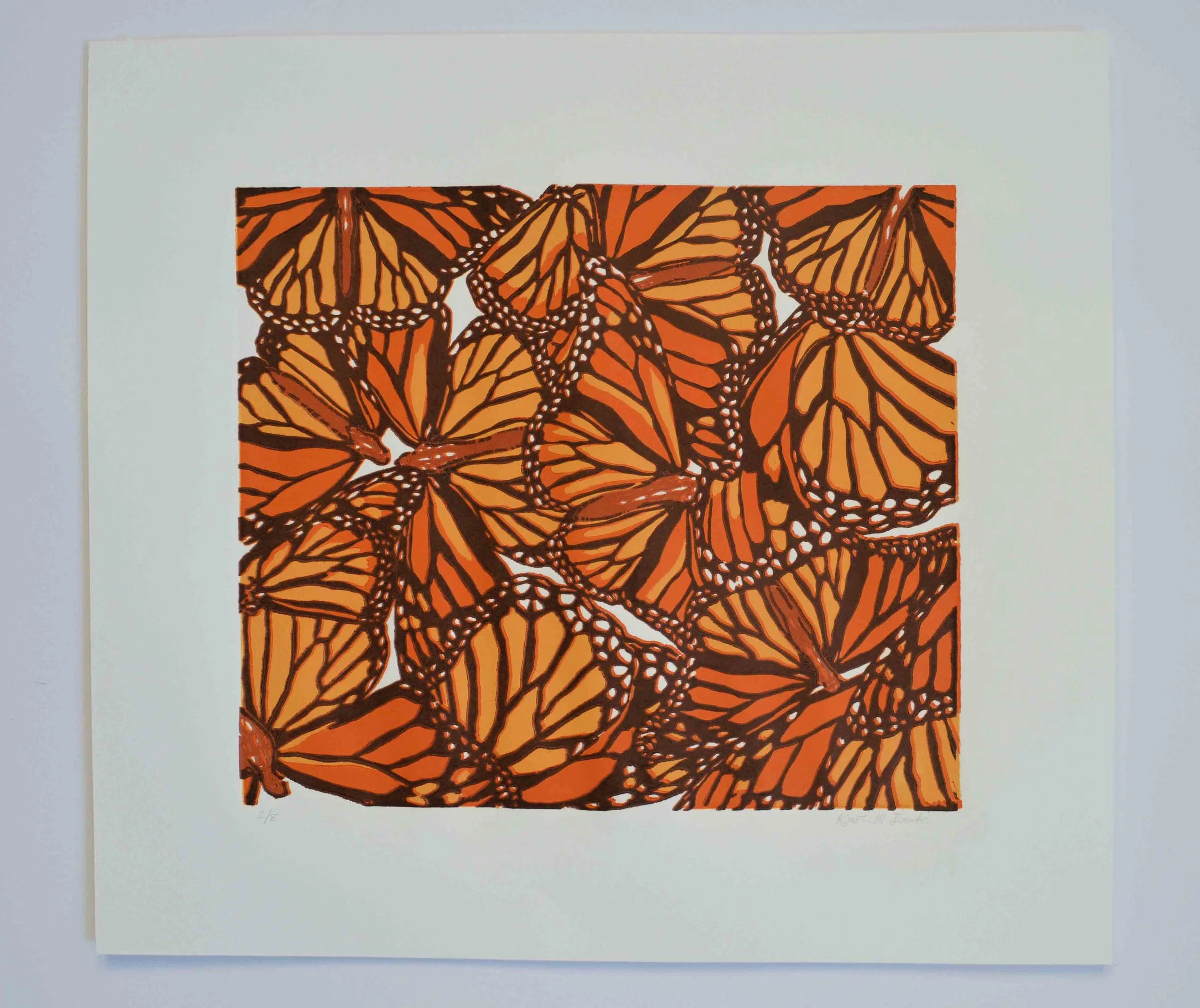 Relief print titled "Monarch Collage No.1." This is the four color version. This is number 2 of 8. By Kristin Frank.