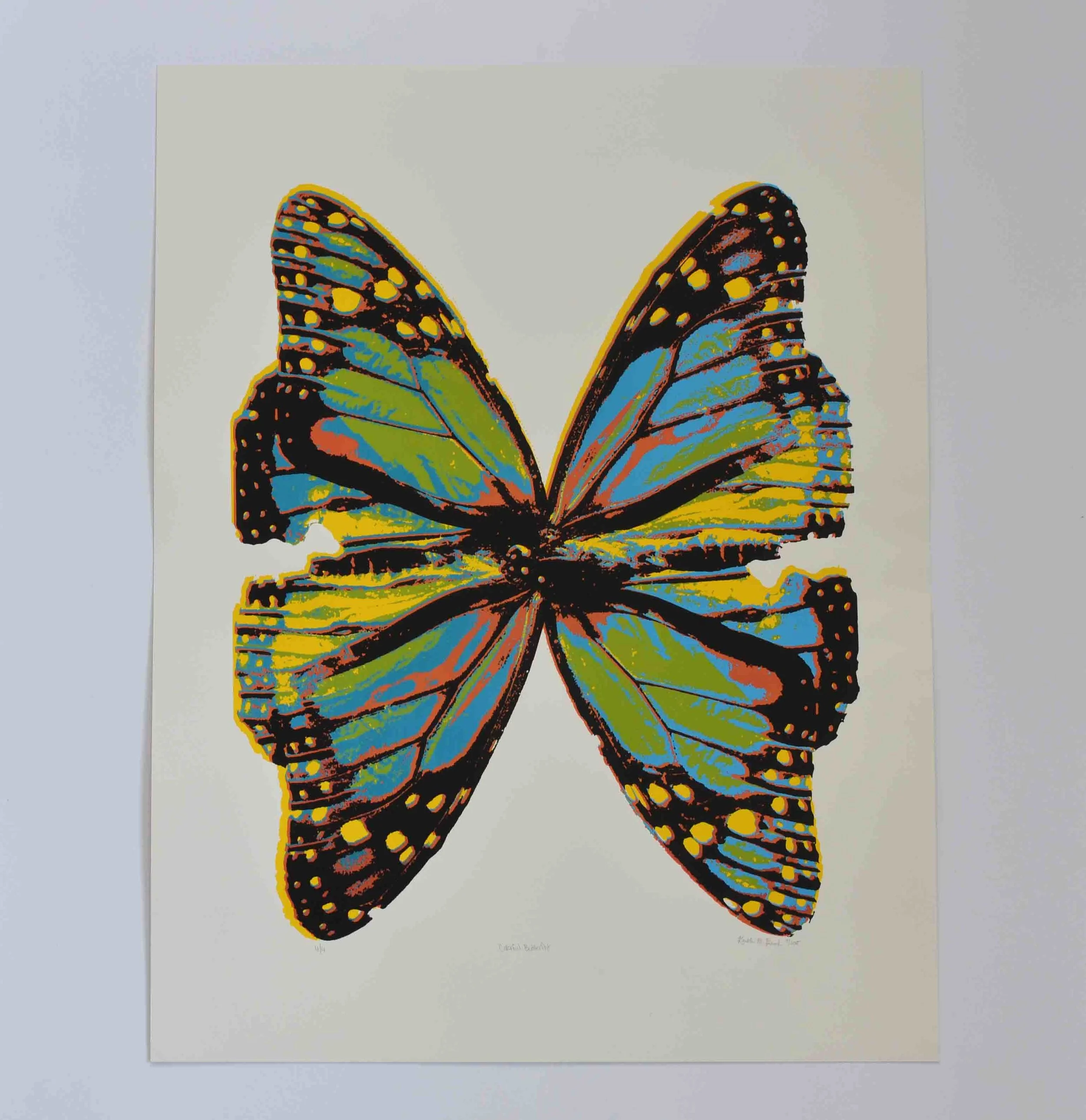Photo of the screen print tiled "Colorful Posterized Butterfly." This print features two monarch butterflies positioned to look like one large butterfly. It is by Kristin Frank.