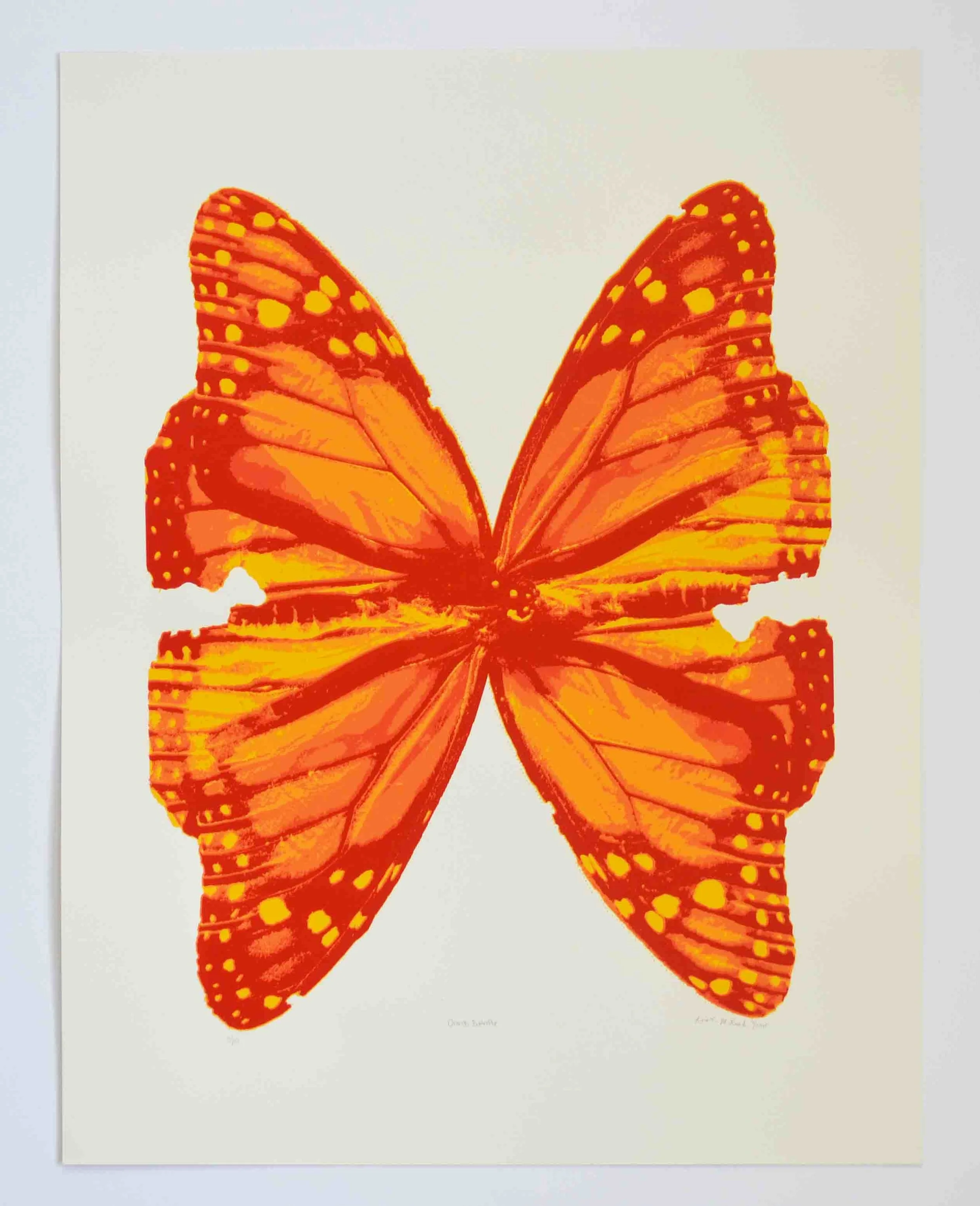 Photo of the screen print tiled "Orange Posterized Butterfly." This print features two monarch butterflies positioned to look like one large butterfly. It is by Kristin Frank.