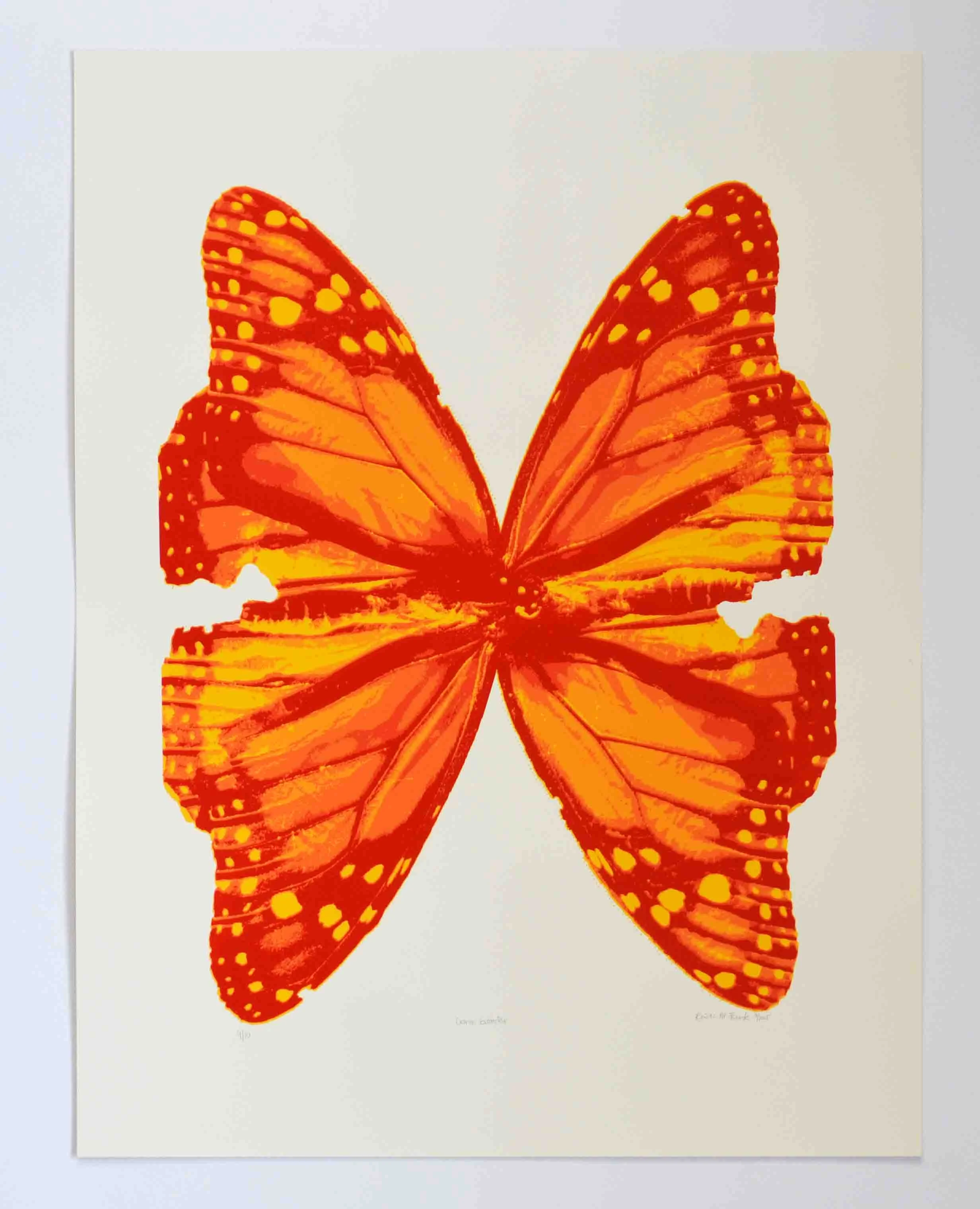 Photo of the screen print tiled "Orange Posterized Butterfly." This print features two monarch butterflies positioned to look like one large butterfly. It is by Kristin Frank.
