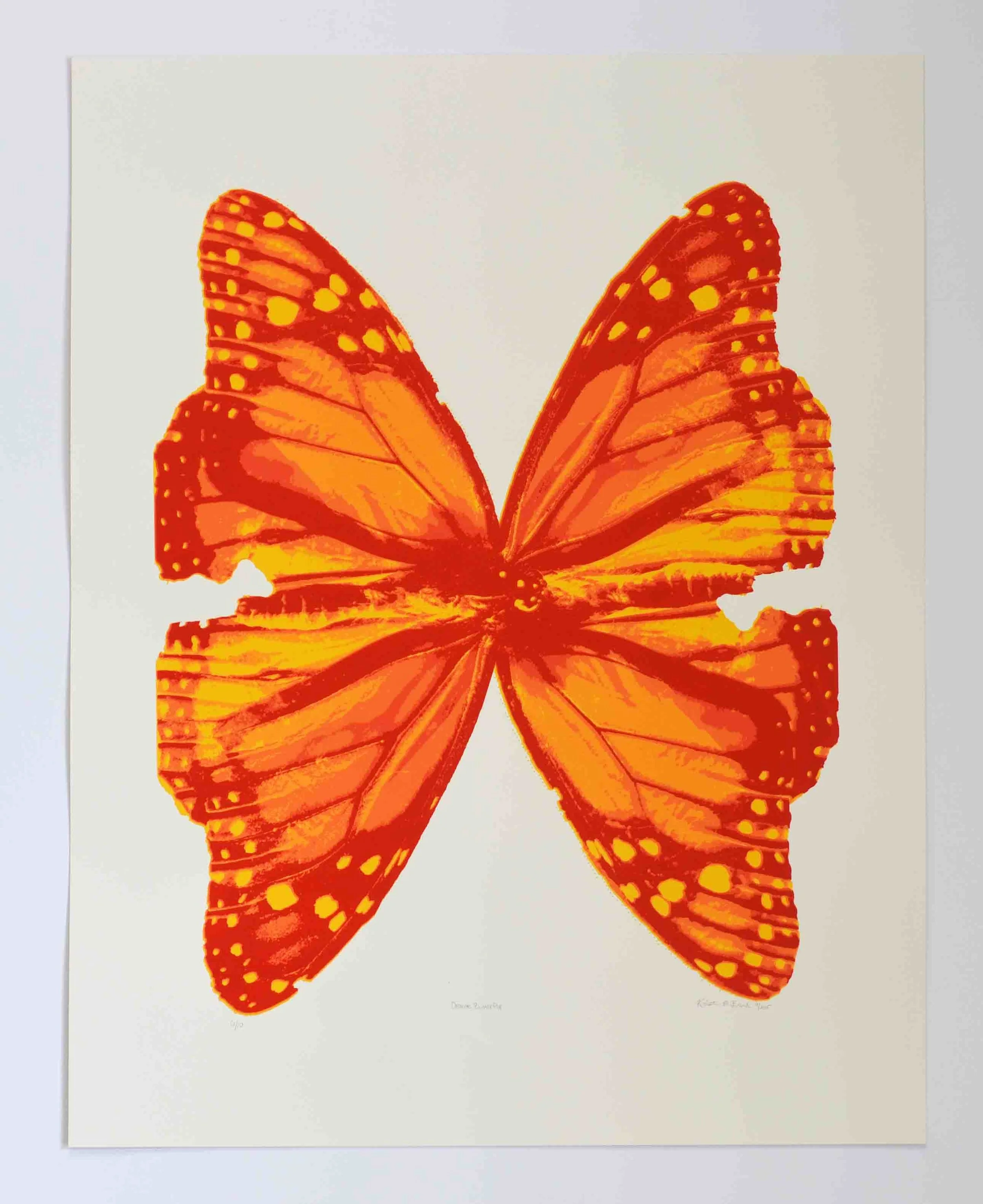 Photo of the screen print tiled "Orange Posterized Butterfly." This print features two monarch butterflies positioned to look like one large butterfly. It is by Kristin Frank.