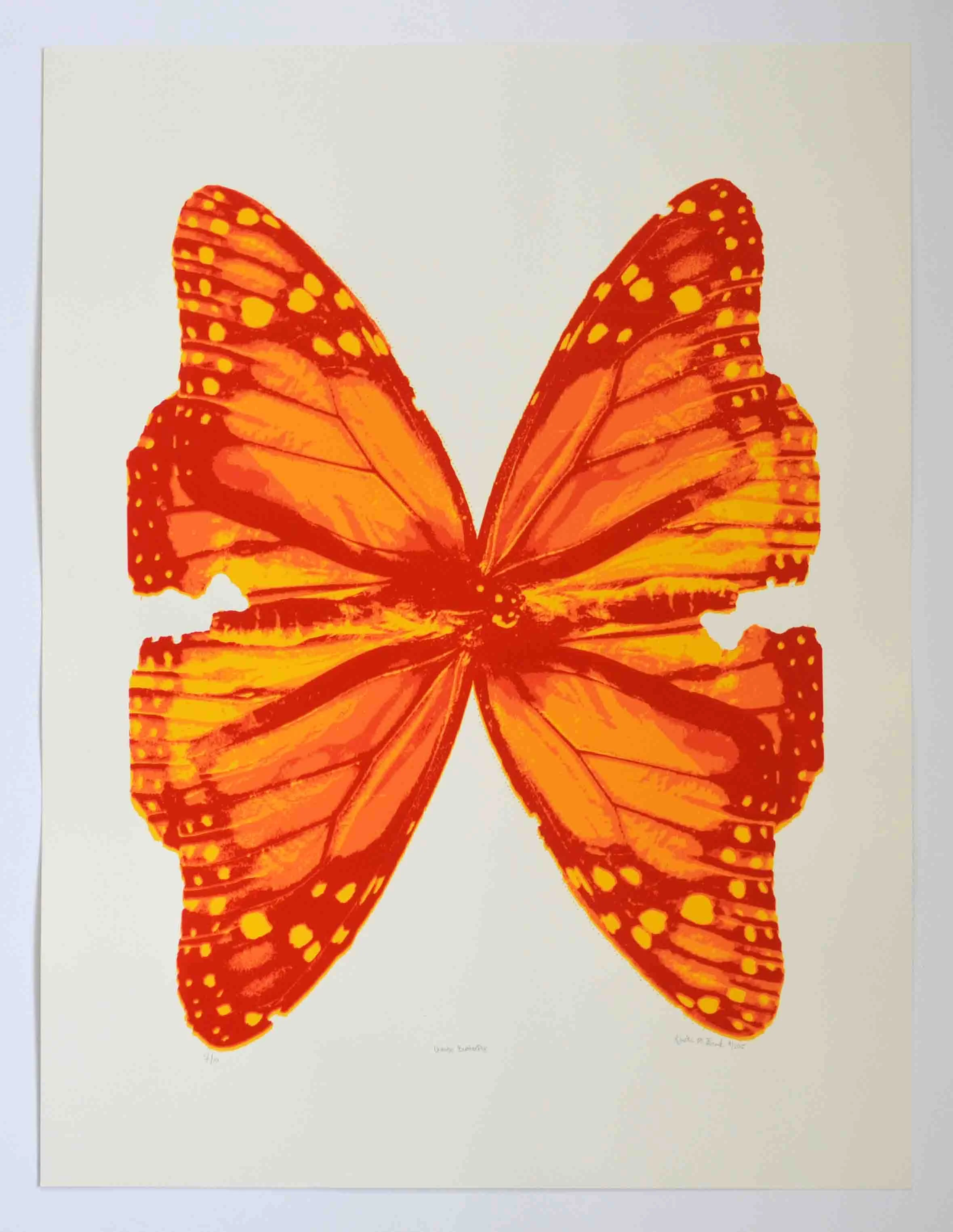 Photo of the screen print tiled "Orange Posterized Butterfly." This print features two monarch butterflies positioned to look like one large butterfly. It is by Kristin Frank.